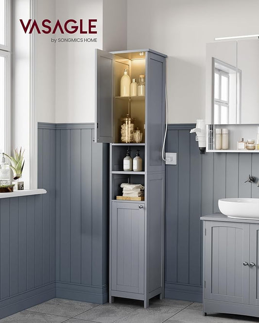 VASAGLE Tall Storage Cabinet with Lights, Slim Freestanding Cabinet with Adjustable Shelves, for Small Spaces, Bathroom, Living Room, Modern, 11.8 Inches Wide, Dove Gray UBBC566G02