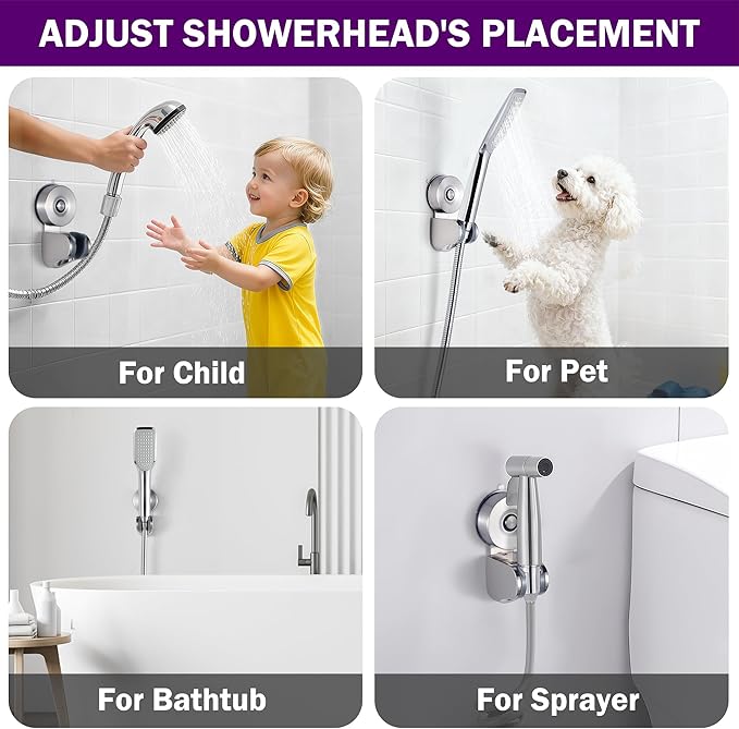 JOMOLA Suction Cup Shower Holder, Adjustable Stainless Steel Shower Head Holder with Strong Suction Cup for Different Wall, Universal Handheld Shower Bracket