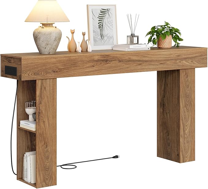 63" Long Console Table, Narrow Entryway Table with Charging Station and LED Lights, 2-Tier Farmhouse Behind Couch Table with Storage, for Entryway, Light Walnut and Black MXG04UJS