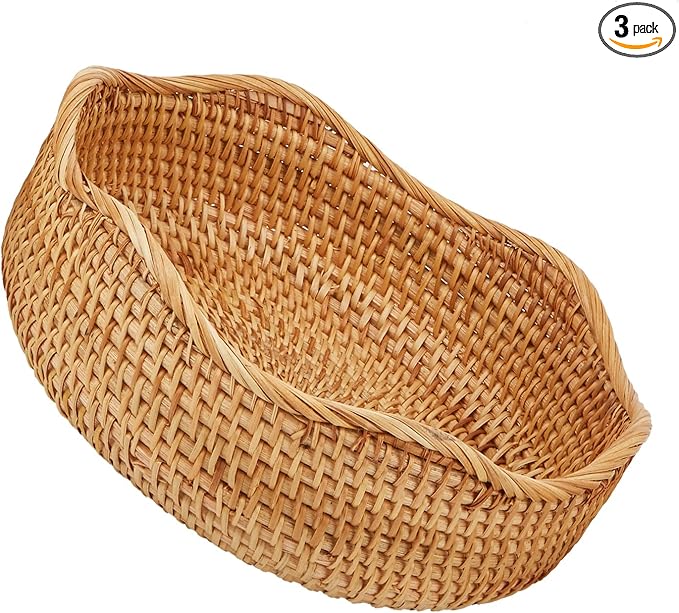 Natural Rattan Round Fruit Basket Bowls, Hand Woven Decor Serving Baskets, Wicker Storage for Dinning Room (Wave-Medium) ＜9''(D) X3.3(H) X9''(W)＞