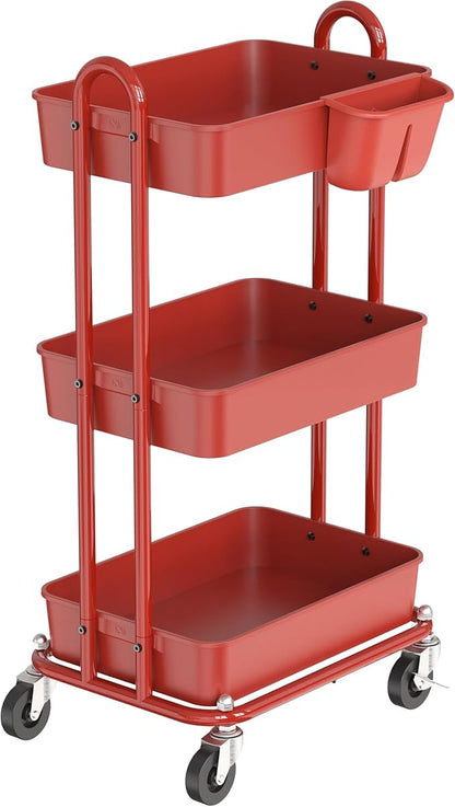 Simple Houseware 3-Tier Multifunctional Rolling Utility Cart with Hanging Bucket, Red