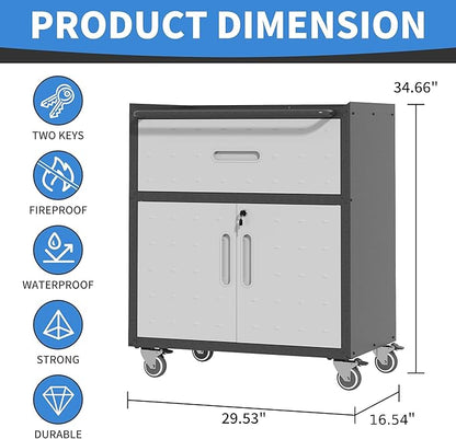 Metal Storage Cabinet with Wheels, Rolling Tool Cabinet with Adjustable Shelve, Locking Garage Storage Cabinet with 1 Drawer and 2 Doors for Tools, Assembly Required (Black/Grey)