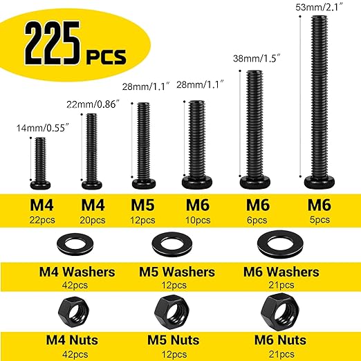 225pcs Screws and Nuts Assortment Kit,M4 M5 M6 Phillips Pan Head Assorted Nuts and Bolts,Washers Kit for Headboard, Wall Plate Switch, Receptacles Mounting Screws Black