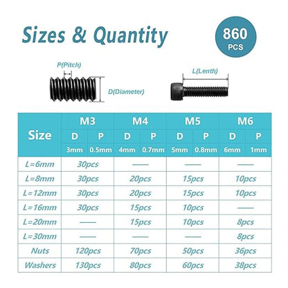 Kadrick Metric Screws Assortment,860PCS M6 M5 M4 M3 Screw Kit, Suitable for 3D Printing DIY,Hex Socket Head Cap Bolts Nuts and Washers Kit, Grade 12.9 Alloy Steel, Black Zinc Plated,Anti Rust Upgrade
