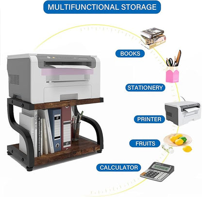 PUNCIA 2 Tiers Small Retro Wood Home Office Desktop Printer Stand Laser Printer Copier Stand with Storage Rustic Tabletop Heavy Duty Organizer Rack Shelf Desk Dual for Small Space Double Tiers Tray