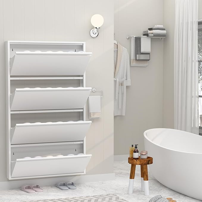 GREATMEET Metal Shoe Cabinet with 4 Flip Drawers, Wall Mount Shoe Organizer for Entryway, Narrow Shoe Storage Cabinet for Entryway Slim, Hidden Shoes Rack (White, 4 FILP Drawers)