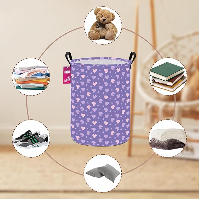 Laundry Hamper Large Canvas Fabric Lightweight Storage Basket/Toy Organizer/Dirty Clothes Collapsible Waterproof for College Dorms, Boys and Girls Bedroom,Bathroom(Purple hearts)