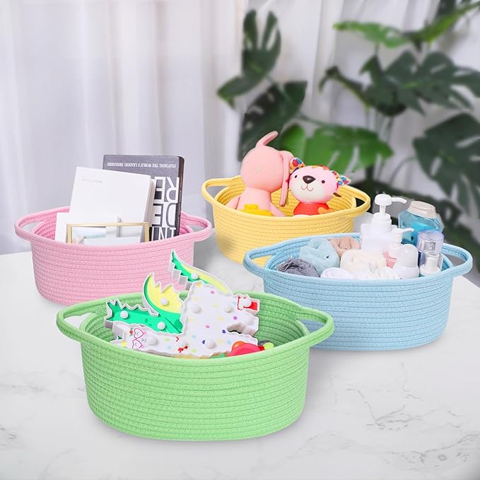 ABenkle Small Basket with Handles - Decorative Durable Rope Woven Storage Bin Shelf Storage Organizer Cube, Easter Baby Gift Basket, 12"x8"x5"