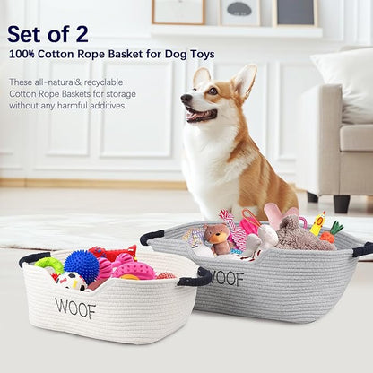 2 Pack Dog Toy Baskets,Pet Rope Basket for Dog Cat Toys,Dog Toy Bin with Handles,Woof Puppy Toy Storage Basket,Puppy Bed,Dog Stuff Organizer for Toys,Collar,Leash,Nursing Supplies-Beige+Gray