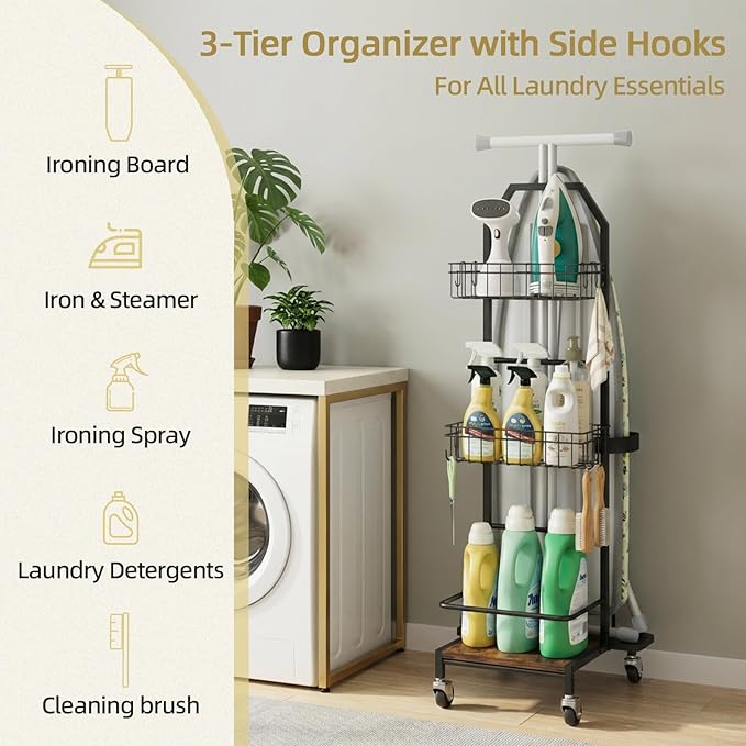 Ironing Board Holder Cart for Small & Narrow Laundry Rooms, Freestanding Iron & Ironing Board Storage Rack for T & X Boards with 3-Tier Shelves, Rolling Metal Wheels, Hooks, No Wall Mount