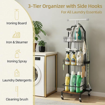 Ironing Board Holder Cart for Small & Narrow Laundry Rooms, Freestanding Iron & Ironing Board Storage Rack for T & X Boards with 3-Tier Shelves, Rolling Metal Wheels, Hooks, No Wall Mount