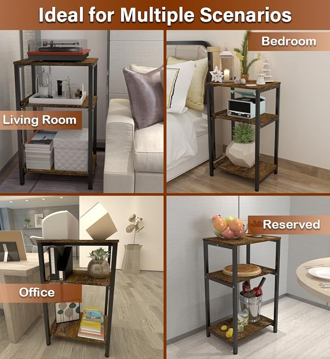 3 Tier Side Table, Heavy Duty End Table with Shelves, Narrow Nightstand for Small Spaces, Record Player Table for Bedroom, Living Room, Sofa Couch - Rustic Brown & Black