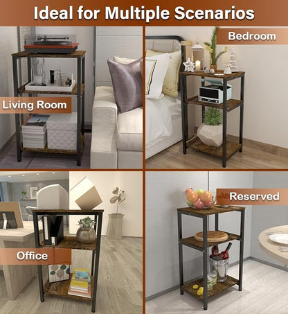 3 Tier Side Table, Heavy Duty End Table with Shelves, Narrow Nightstand for Small Spaces, Record Player Table for Bedroom, Living Room, Sofa Couch - Rustic Brown & Black