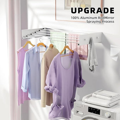 Upgrade Wall Mounted Drying Rack with 6 Hooks, 31.5" Foldable Laundry Rack, 5 Rods & Hooks Space Saver for Bathroom, Collapsible Clothing Rack with Template for Indoor Outdoor (White)