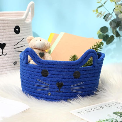 Zopeal Cat Basket Storage Woven Organizer with Ears Easter Decorative Gift Pet Toy Cute Cotton Rope Basket for Gift Cat Dog Toy Bin Nursery Room(8.3 x 4.7 Inch,Royal Blue)