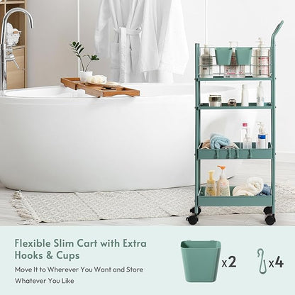 danpinera Rolling Utility Cart with Wheels, 4 Tier 7.7'' Metal Rolling Narrow Storage Cart with Hooks and Hanging Cups on Wheels for Bathroom, Kitchen, Office and Small Spaces, Green