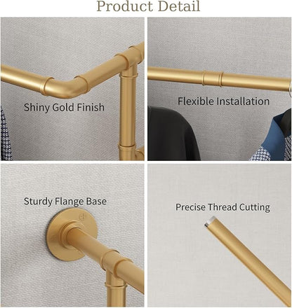 Industrial Pipe Clothing Racks 2 Pack, 36.2In Wall Mounted Clothes Rack, Gold Wall Clothing Racks for Hanging Clothes, Space Saving Closet Hanging Rod for Laundry Room, Bedroom