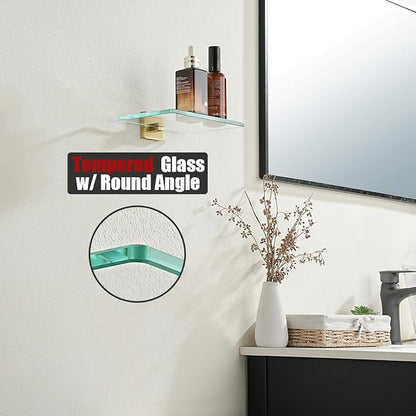 JQK Bathroom Glass Shelf Gold, Tempered Glass Shower Storage 8 by 5 inches, 304 Stainless Steel Brushed Gold Wall Mount, TGS201L8-BG