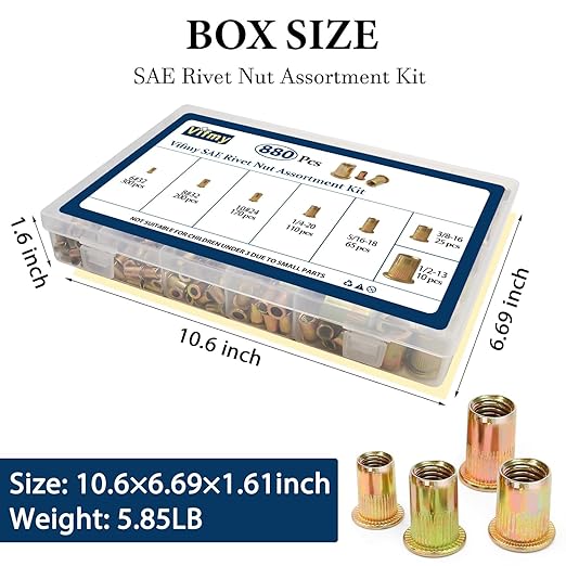 SAE Rivet Nut Assortment Kit(880 Pcs), #6-32#8-32#10-24 1/4"-20 5/16"-18 3/8"-16 1/2"-13 UNC Flat Head Rivnut Set, Zinc Plated Finish Carbon Steel Nutsert