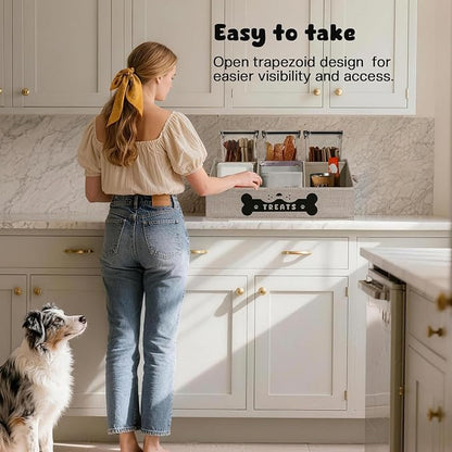 Dog Treat Container, Dogs Storage Organizer with Removable Dividers, Collapsible Dogs Treat Holder for Countertop, Trapezoid Pet Treats Containers, Dog Toy Basket with PU Handles, Medium, Gray