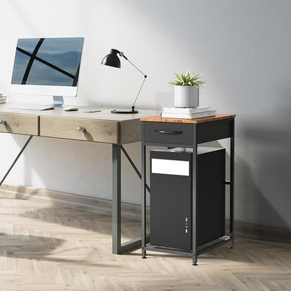 Computer Tower Stand PC Tower Stand with Storage Drawer 2 Tier Wood Rolling CPU Holder Stand Mobile Printer Cart on Wheels for Home Office, Industiral Brown and Black
