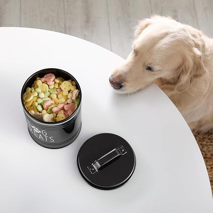 Small Dog Treat Container Airtight - 6" Tall X 4.9" Round Black Dog Treat Jar for Kitchen Counter - Rustic Treat Storage Canister for Dogs, Cats, Small Animals - Gifts for Pet Owners