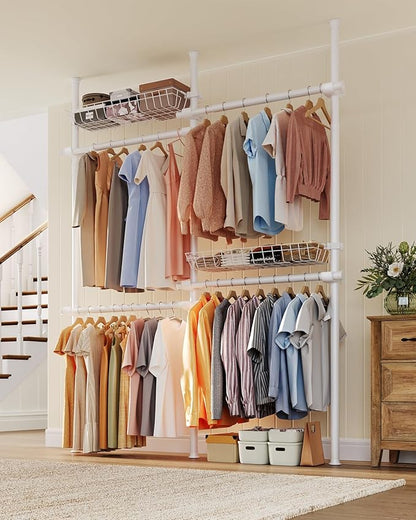 Floor-to-Ceiling Clothing Rack with 2 Wire Storage Baskets, 4 Hanging Rods, Adjustable Tension Closet Organizer for Bedroom, Walk-In Closet, Laundry Room, 4-Pole, White