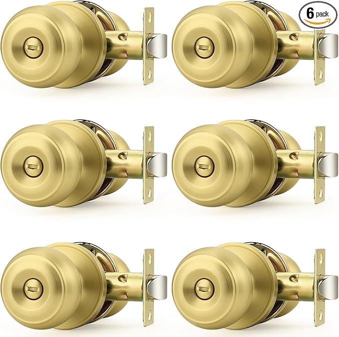 Probrico Brushed Brass Door Knob, Gold Bedroom Bathroom Door Knobs Inteior, Privacy Door Knobs, 6 Pack
