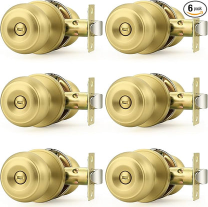 Probrico Brushed Brass Door Knob, Gold Bedroom Bathroom Door Knobs Inteior, Privacy Door Knobs, 6 Pack