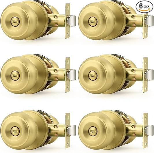 Probrico Brushed Brass Door Knob, Gold Bedroom Bathroom Door Knobs Inteior, Privacy Door Knobs, 6 Pack