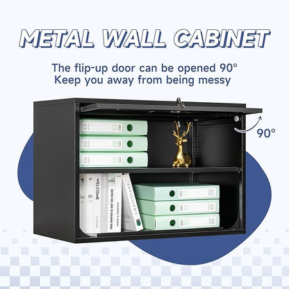 Metal Wall Cabinet with Locking Door and Shelf, Hanging Garage Cabinets with Up-Flip Doors for Garage, Warehouse, Home, Office, Assembly Required (Black, One Cabinet)
