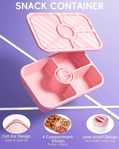 4 Pcs Bento Snack Box Containers, 4 Compartment Divided Stackable Food Storage Containers with Lids, Meal Prep Lunch Container with Sauce Cups