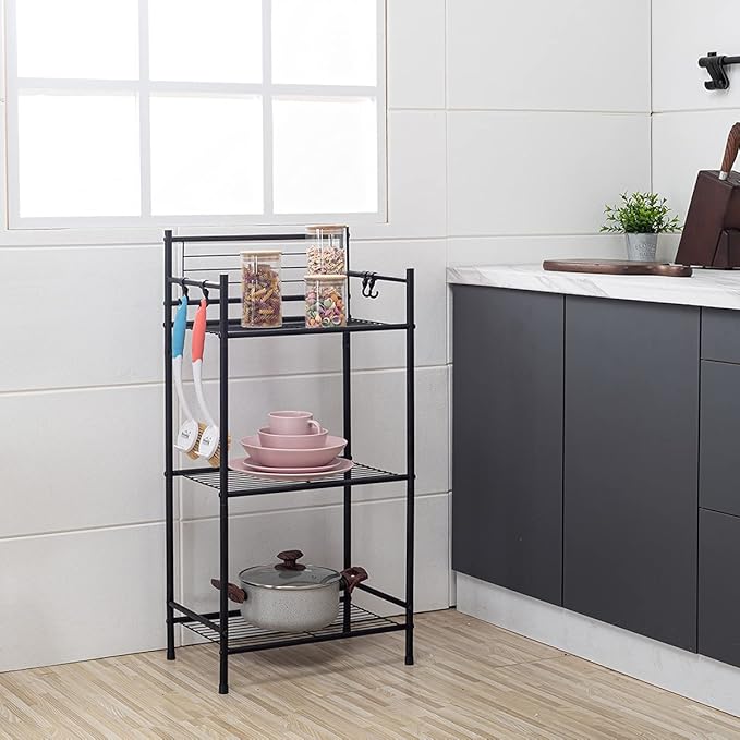 L&H UNICO 3-Shelf Tier Standing Unit Storage Wire Shelving Multipurpose Rack Organizer with 4-Hooks for Bathroom Laundry Kitchen Office, Black