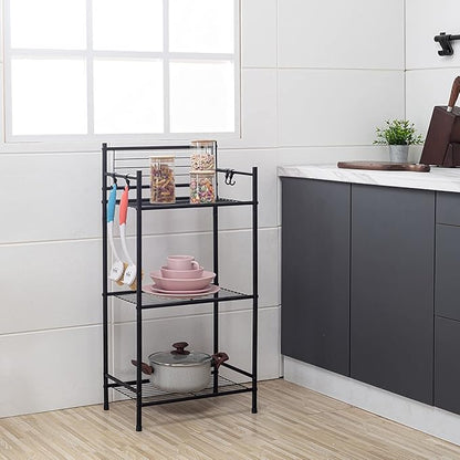 L&H UNICO 3-Shelf Tier Standing Unit Storage Wire Shelving Multipurpose Rack Organizer with 4-Hooks for Bathroom Laundry Kitchen Office, Black