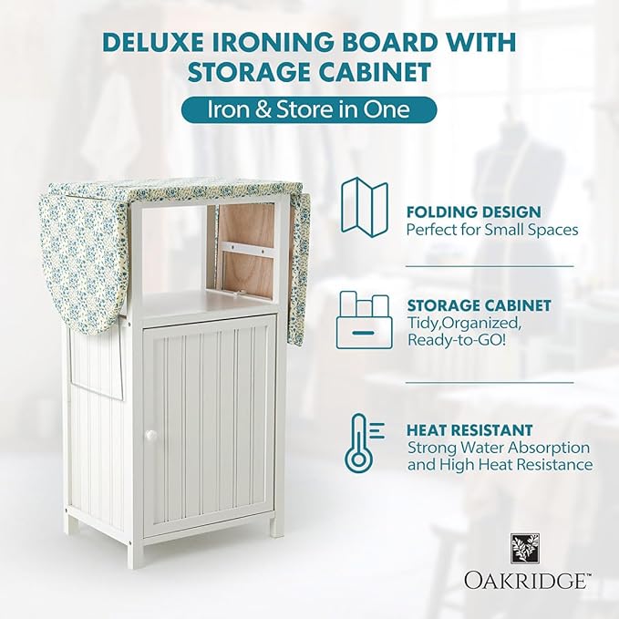 OakRidge Deluxe Ironing Board with Storage Cabinet, Perfect for Small Spaces with Extra Storage, Folding Station, Crafted with 100% Durable Wood, White Design – Measures 36.5" H x 15.5" W x 23" L