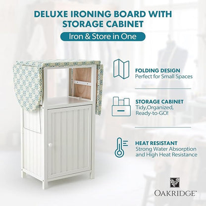 OakRidge Deluxe Ironing Board with Storage Cabinet, Perfect for Small Spaces with Extra Storage, Folding Station, Crafted with 100% Durable Wood, White Design – Measures 36.5" H x 15.5" W x 23" L