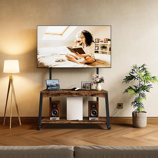 Mobile TV Stand with Charging Station and Adjustable Mount, 2-Tier Rolling TV Console Table for TVs up to 70 inch, for Living Room, Bedroom, Rustic Brown and Black TDS10UBF