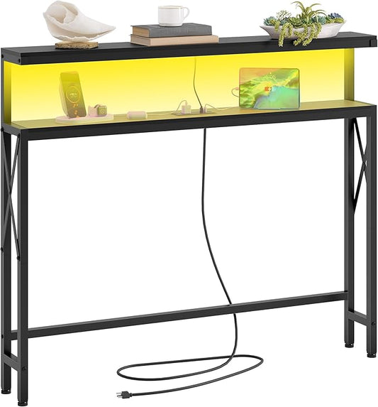 FAVOOSTY 46.8" Skinny Console Table with Charging Station and LED Light,5.9" Narrow Sofa Table with Power Outlets and Type C & USB Port, Behind Couch Table for Living Room, Hallway, EntryWay, Black