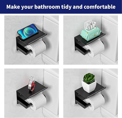 Matte Black Toilet Paper Holder with Shelf, Fits Mega Rolls, Rustproof Stainless Steel, Self Adhesive Wall Mount Toilet Paper Roll Holder, for Bathroom, Washroom, Kitchen, RV