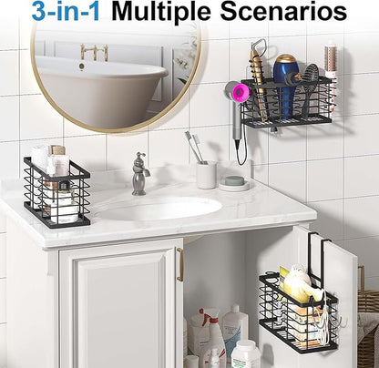 Hair Tool Organizer, 3-in-1 Universal Hair Dryer Holder, Adjustable Height Metal Blow Dryer Holder Wall Mounted/Over Cabinet Door/Free-Standing, 12.2 * 5 * 6.1" (XL Black)