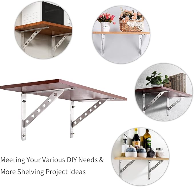 YUMORE 16 inch Stainless Steel Shelf Brackets, Heavy Duty Solid Shelf Support, Max Load: 550lb Corner Brace Joint Right Angle Bracket, Pack of 2