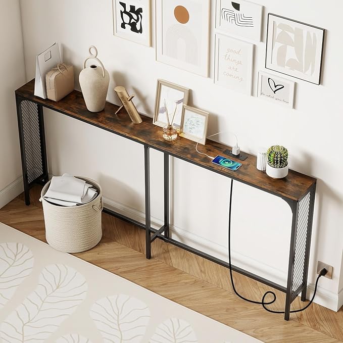 Giantex 71" Narrow Console Table with 2 Power Outlets and USB-C Ports, Sofa Tables with Charging Station & Metal Frame, Skinny Behind Couch Tables, Long Entrway Tables for Living Room, Rustic Brown