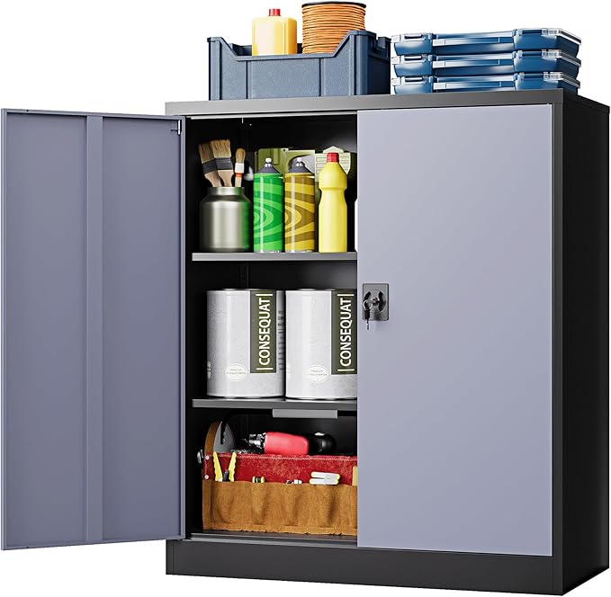 Metal Storage Cabinet,Locking File Cabinet with Doors and Adjustbale Shelves,Tool Steel Cabinets for Garage,Home Office,School,Gym(Grey & Black)