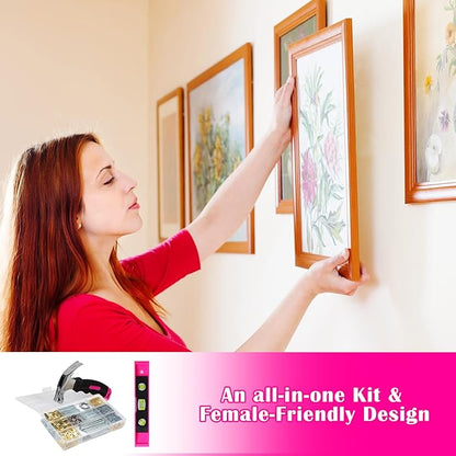 Picture Hanging Kit, 315pcs Hanging Hardware with Hooks, Wire, Nails, D Ring, Wall Hanging Kit with Hangers, Magnetic Level and Small Pink Claw Hammer, nails for hanging pictures for Home Decor