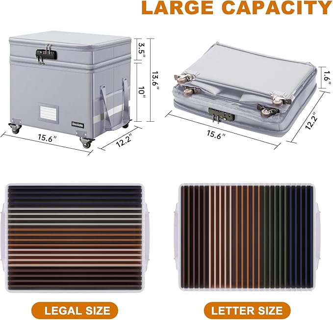 DocSafe Fireproof Document Box with Lock,2-Layer File Box with Wheels,Collapsible File Storage Organizer with Pockets,Large Portable Home Office Filing Cabinet Safe for Hanging Folders,Silver