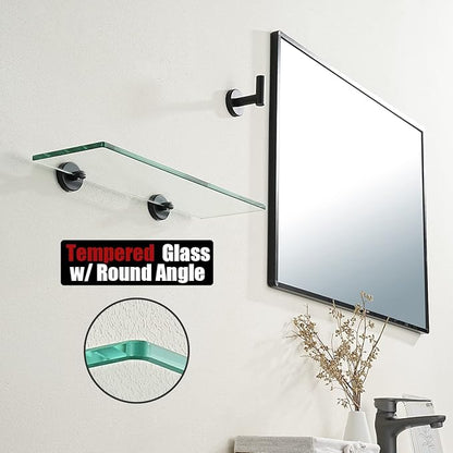 JQK Bathroom Glass Shelf Black, Tempered Glass Shower Storage 16 by 5 inches, 304 Stainless Steel Matte Black Wall Mount 2 Pack, TGS101L16-PB-P2