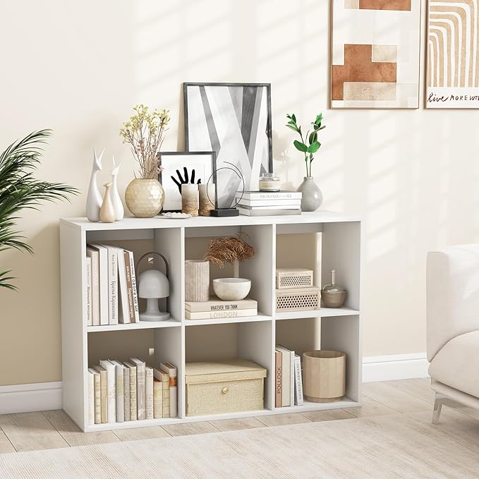 Giantex 6-Cube Bookcase, White Cubby Bookshelf w/Back Guardrail & Anti-Tipping Kits, 9-Tier Freestanding Storage Organizer with Shelves, Open Back Display Rack for Living Room, Bedroom, Study