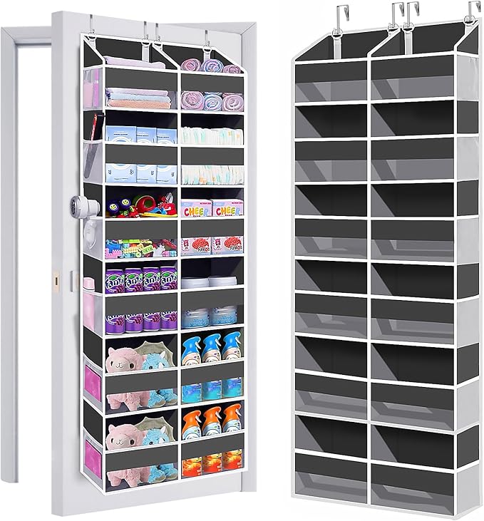 Heavy Duty Over The Door Organizer 6 Tiers, Extra Large Behind Door Storage of 12 Big Front & 12 Mesh Pockets, 80lb Weight Capacity, Hanging Doors Storage Organizer for Closet Bedroom Nursery, Grey