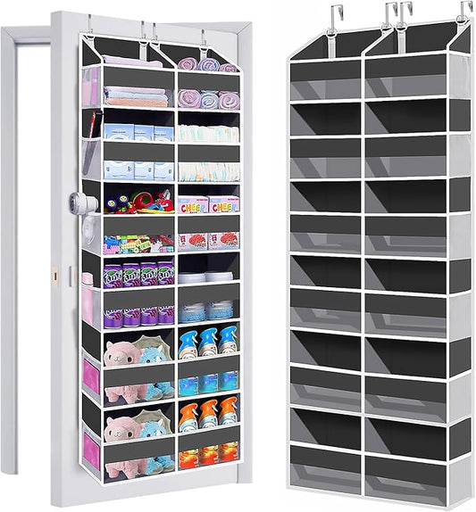Heavy Duty Over The Door Organizer 6 Tiers, Extra Large Behind Door Storage of 12 Big Front & 12 Mesh Pockets, 80lb Weight Capacity, Hanging Doors Storage Organizer for Closet Bedroom Nursery, Grey