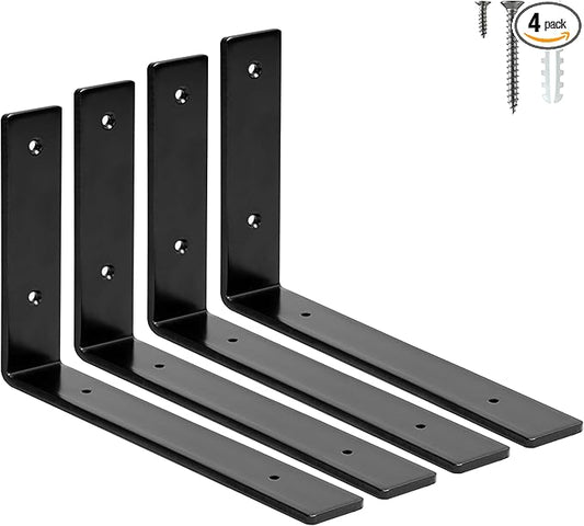 ELSKER&HOME Shelf Brackets 10 Inch, 4 Pack Floating Shelf L Brackets for Shelves Support, Black Metal Heavy Duty Shelf Brackets for DIY Decorative